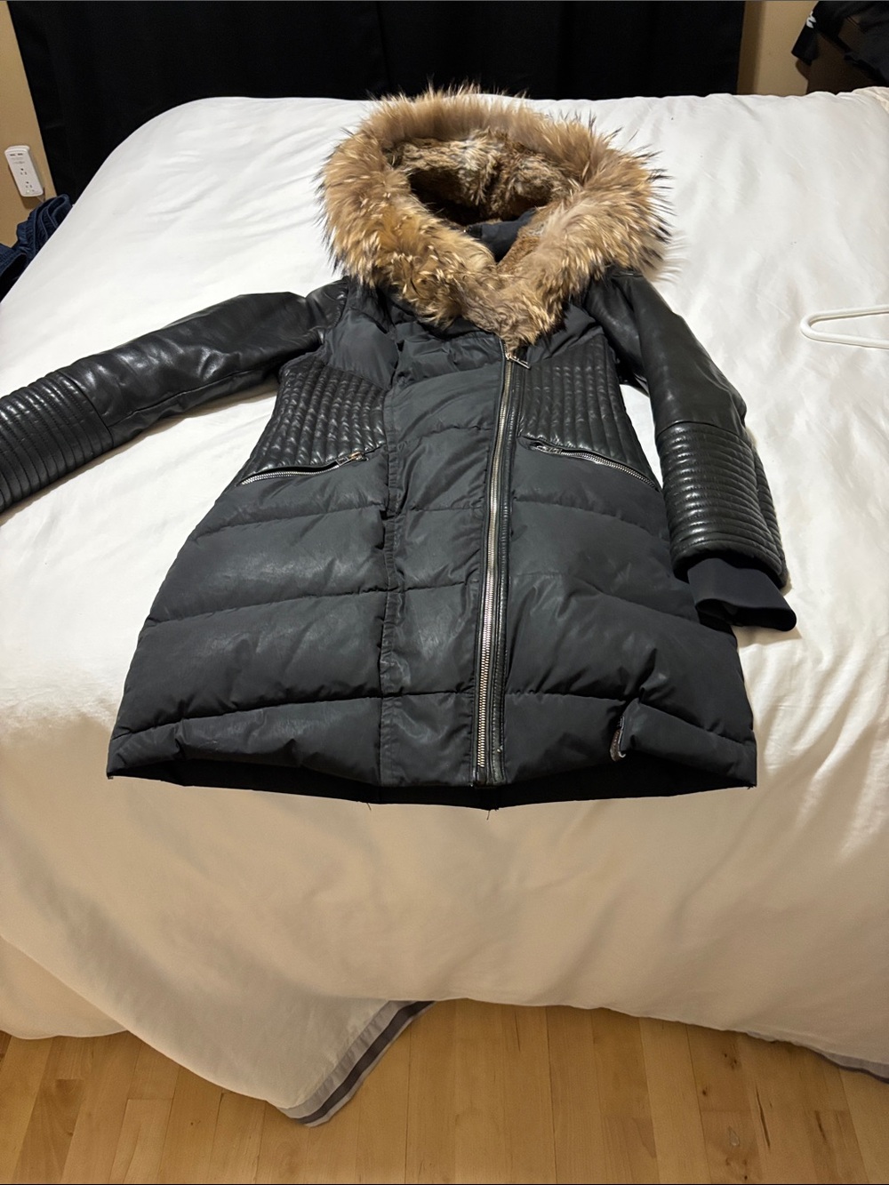 RUDSAK Black Quilted Puffer Coat with Brown Faux Fur Hood